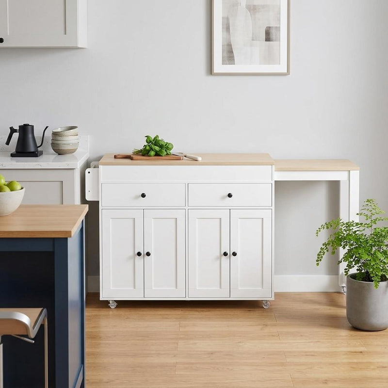 Brown And Wood Flat Door Rolling Kitchen Cart - White