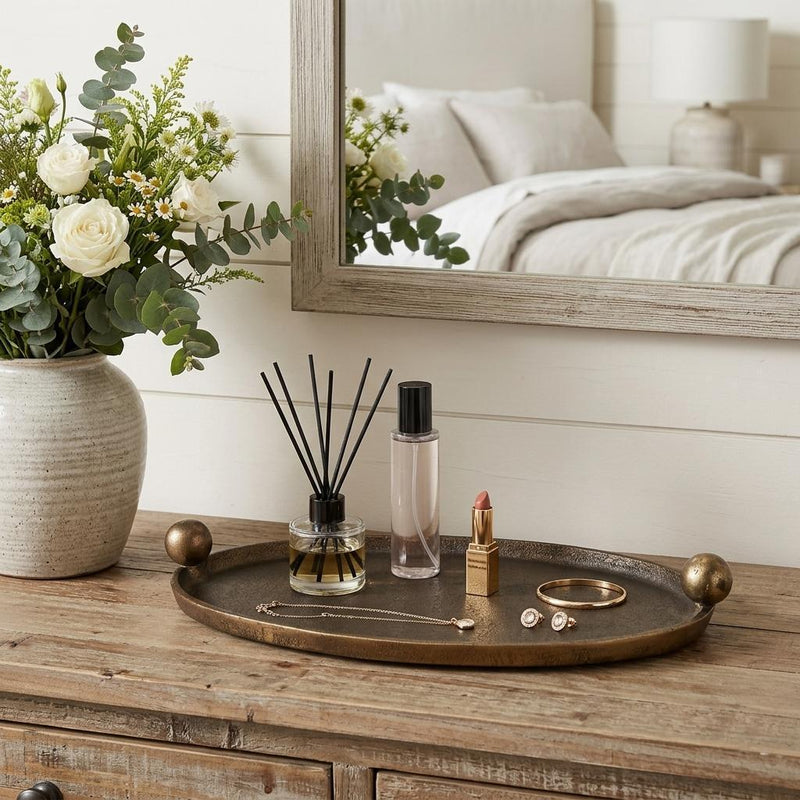 Aluminum Handmade Oval Vanity Tray With Handles - Antiqued Gold