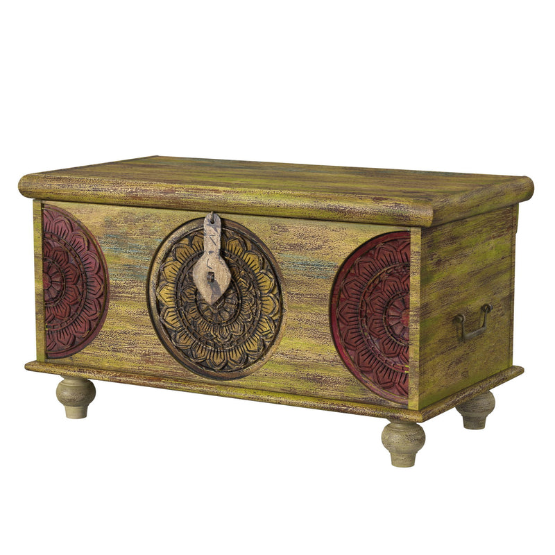 Mesa Carved Wooden Trunk Coffee Table - Green and Red