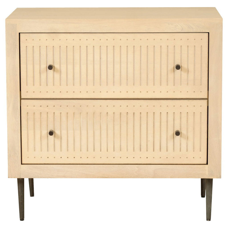 Solid Wood Distressed Carved Geometric Two Drawer Nightstand - Natural