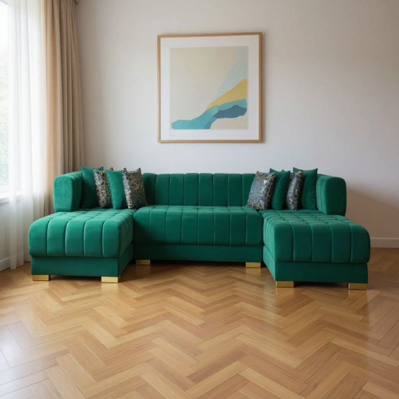 Velvet U-Shaped Three Piece Sofa Chaise Sectional With Toss Pillows - Green