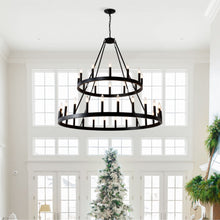 Load image into Gallery viewer, 2 Tiers Wagon Wheel Chandelier Wooden Farmhouse 36 Light (24 / 12) Or (12 / 24) Metal Chandeliers 2 Story Light Fixtures Industrial For High Ceiling Living Dining Room Foyer, Adjustable Height - Black
