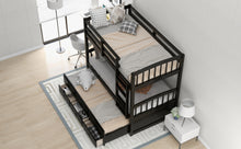 Load image into Gallery viewer, Twin over Twin Wood Bunk Bed with Trundle and Drawers, Espresso
