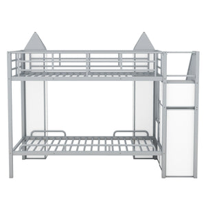 Metal Twin over Twin Castle-shaped Bunk Bed with Wardrobe and Multiple Storage, Gray+White