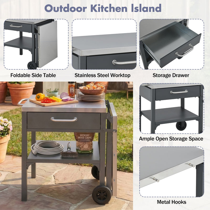 Foldable Outdoor Kitchen Cart With Storage For Patio