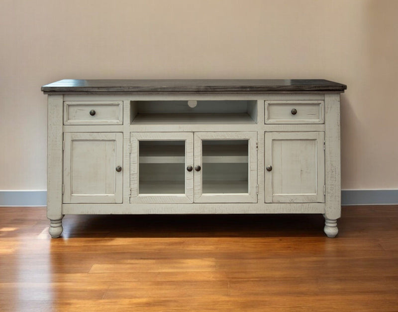 Solid Wood Open Shelving Distressed, TV Stand - Ivory