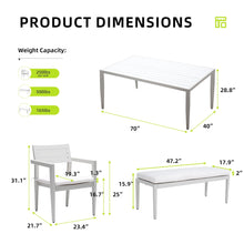 Load image into Gallery viewer, 6 Piece Dining Set Modern Outdoor Patio Furniture, 4 Dining Chairs &amp; 1 Dining Bench Sunbrella Fabric And 2 Tone Rectangle Table With Umbrella Hole - Matte White / Grayish
