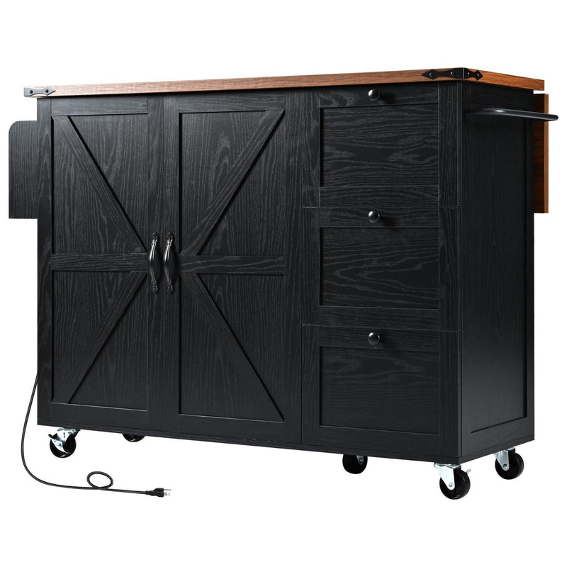 Brown And Wood Flat Door Rolling Kitchen Cart With Storage With USB (755921) - Black