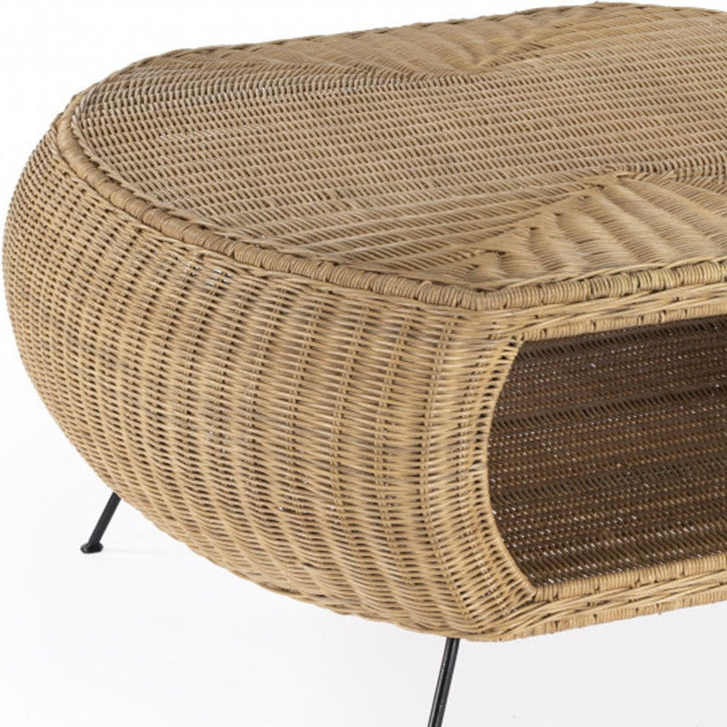 Rattan And Iron Oval Coffee Table With Shelf - Natural And Black