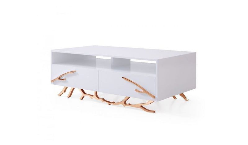 Rectangular Coffee Table With Two Drawers And Two Shelves - Rosegold And White
