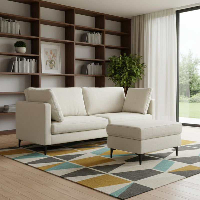 90" 2 Piece Living Room Set Fabric Sofa With Ottoman With Black Legs - Cream