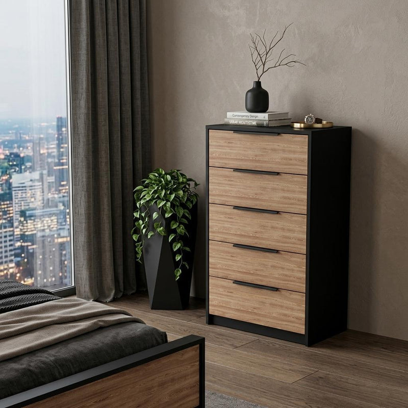 Wood Five Drawer Dresser - Black And Light Brown