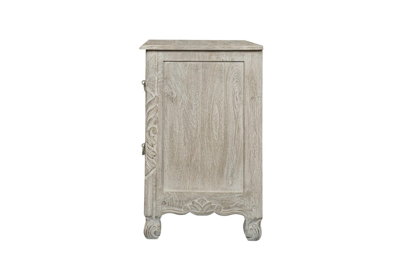 Solid Wood Square Distressed Carved Floral Two Drawer Nightstand - Gray