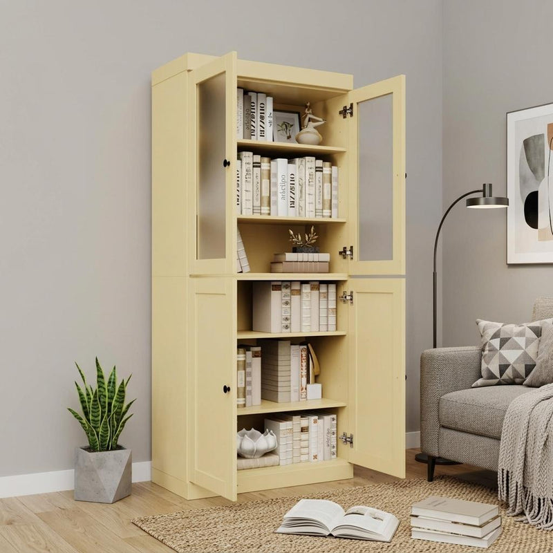 Solid Wood Adjustable Six Tier Library Bookcase With Four Doors (751372) - Yellow
