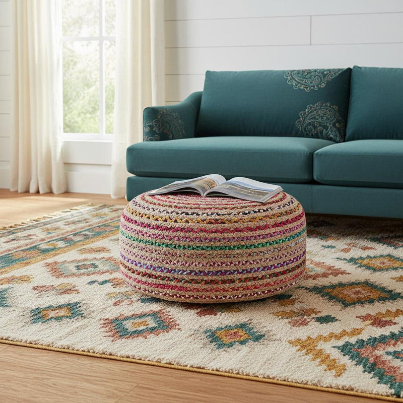 30" Jute Round Pouf Ottoman - Blue