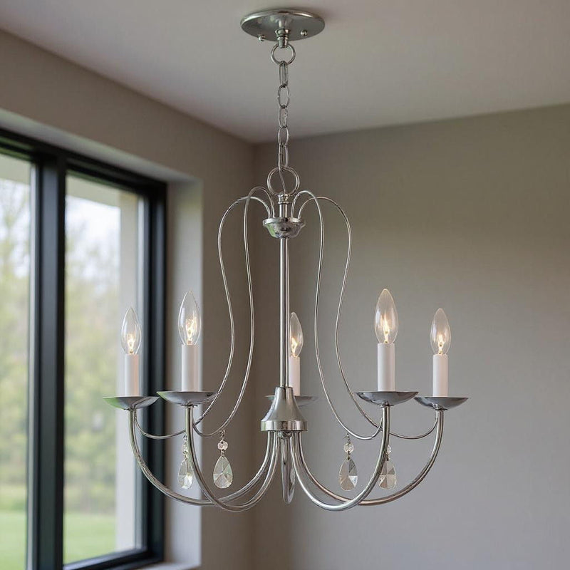 Five Light Dimmable Chandelier With Shades - Silver