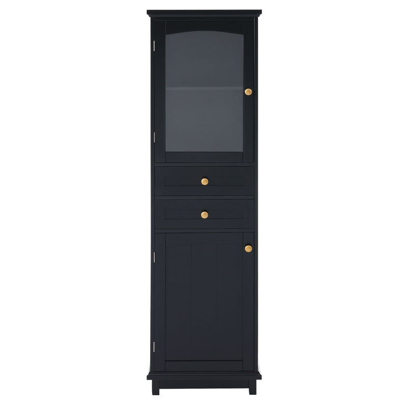Tall Bathroom Storage Cabinet With Glass Doors, Free-Standing, Two Drawers, And Adjustable Shelves, Board, Painted Perfect For Displaying Your Favorite Items