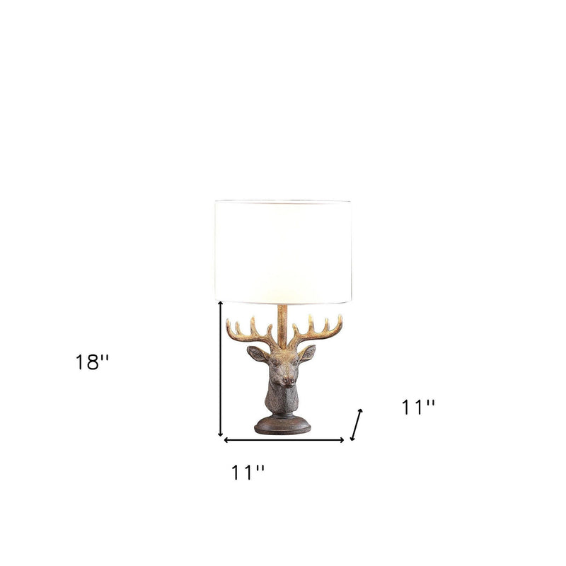 Stag Bust Table Lamp With White Drum Shade - Antiqued Bronzed