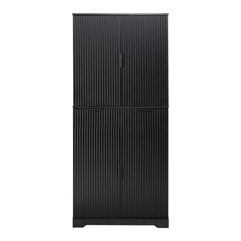 Fluted Kitchen Pantry Cabinet With 3 Keyboard Drawers & 6 Adjustable Door Shelves
