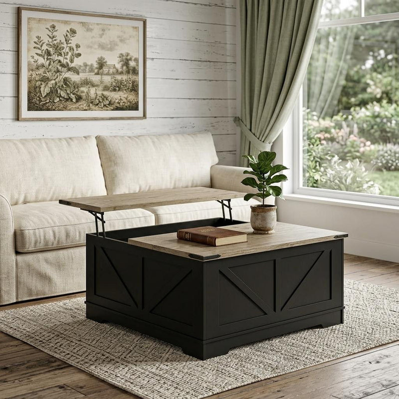 Lift Top Trunk Coffee Table With Two Shelves - Light Brown / Black