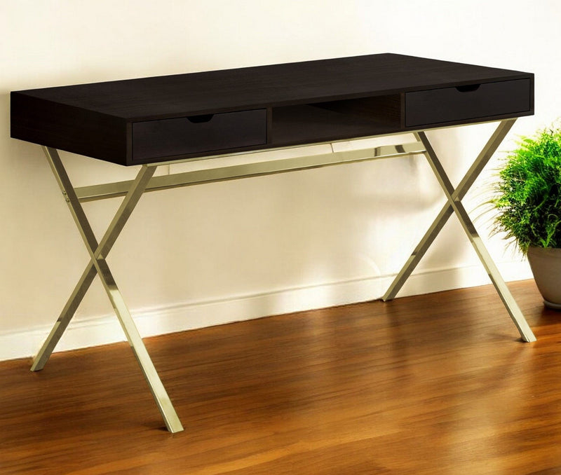Computer Desk With Two Drawers - Dark Brown And Gold