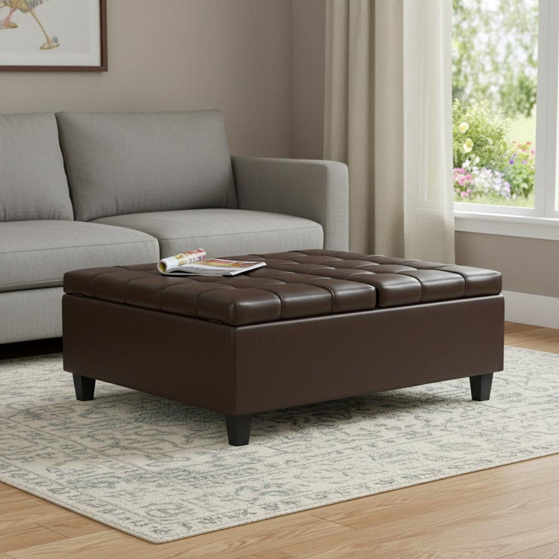 40" Leather Cocktail Ottoman With Storage - Brown / Black