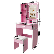 Load image into Gallery viewer, Vanity Table With Mirror, Adjustable LED Lights, Power Outlet, Hairdryer Holder &amp; Stool
