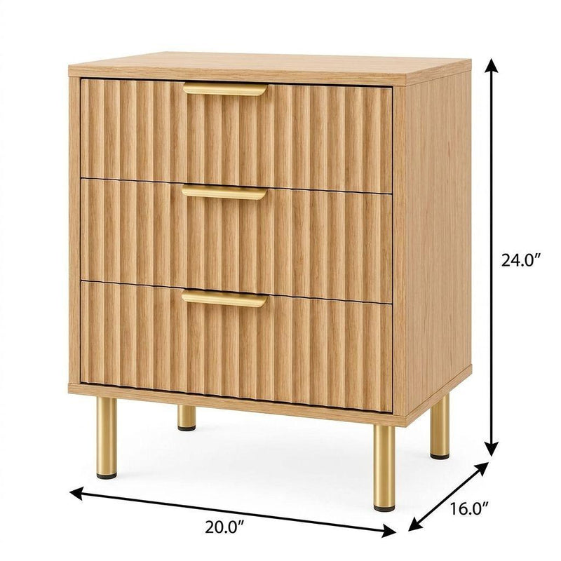 Wood Ribbed Texture Three Drawer Nightstand - Oak