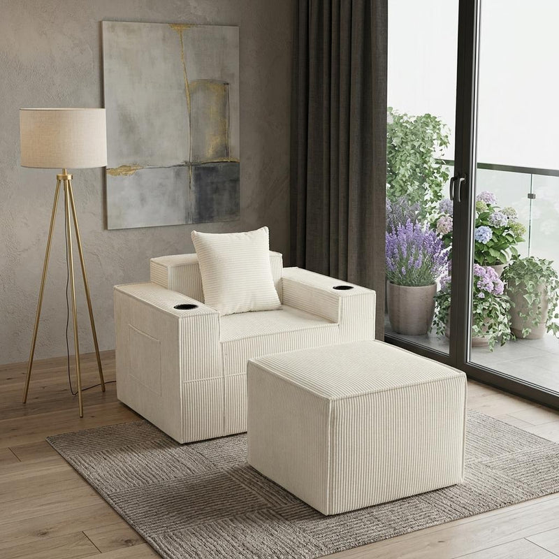 Corduroy Lounge Chair With Ottoman And Toss Pillow - White