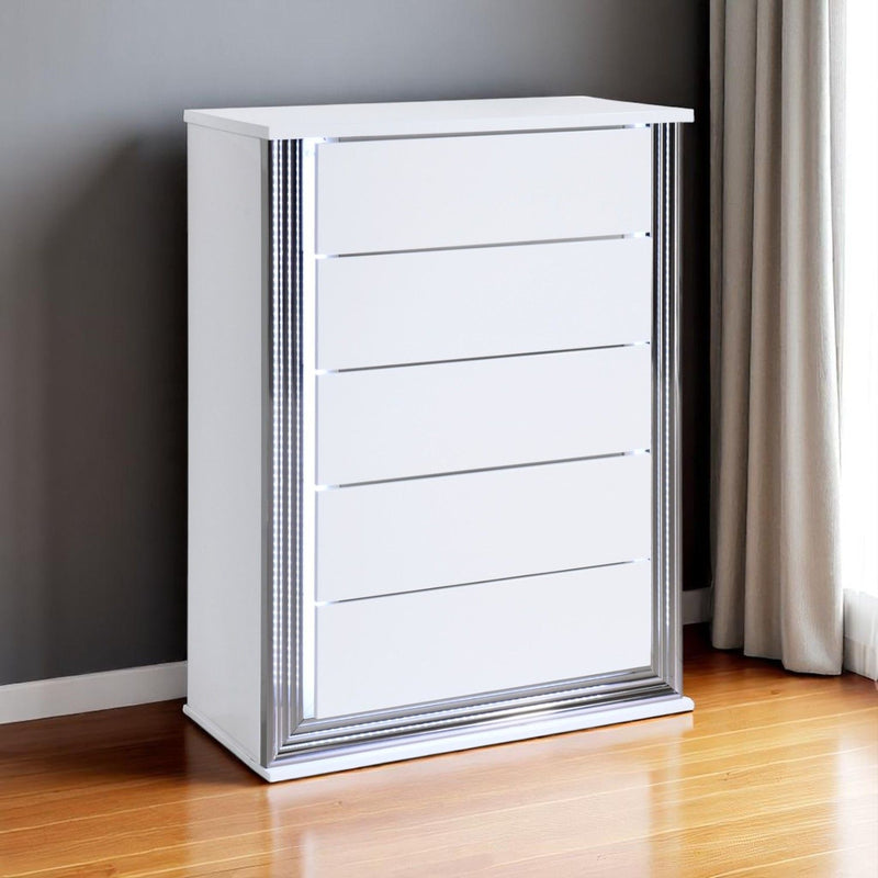 49" Wood Lighted Five Drawer Dresser - White