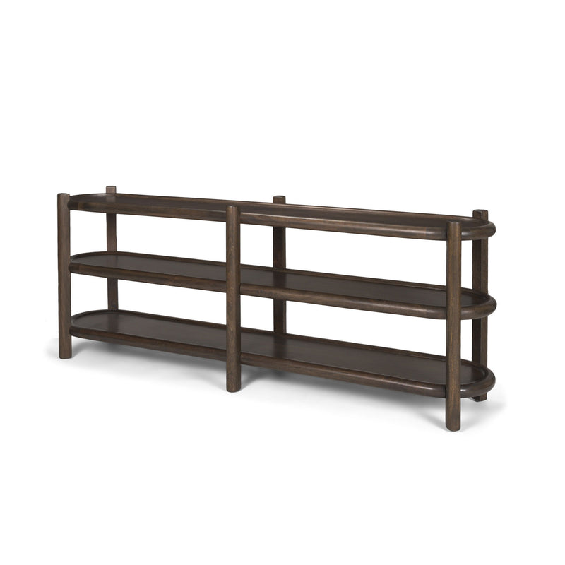 80" Solid Wood Oval Six Leg Console Table With Two Shelves - Brown