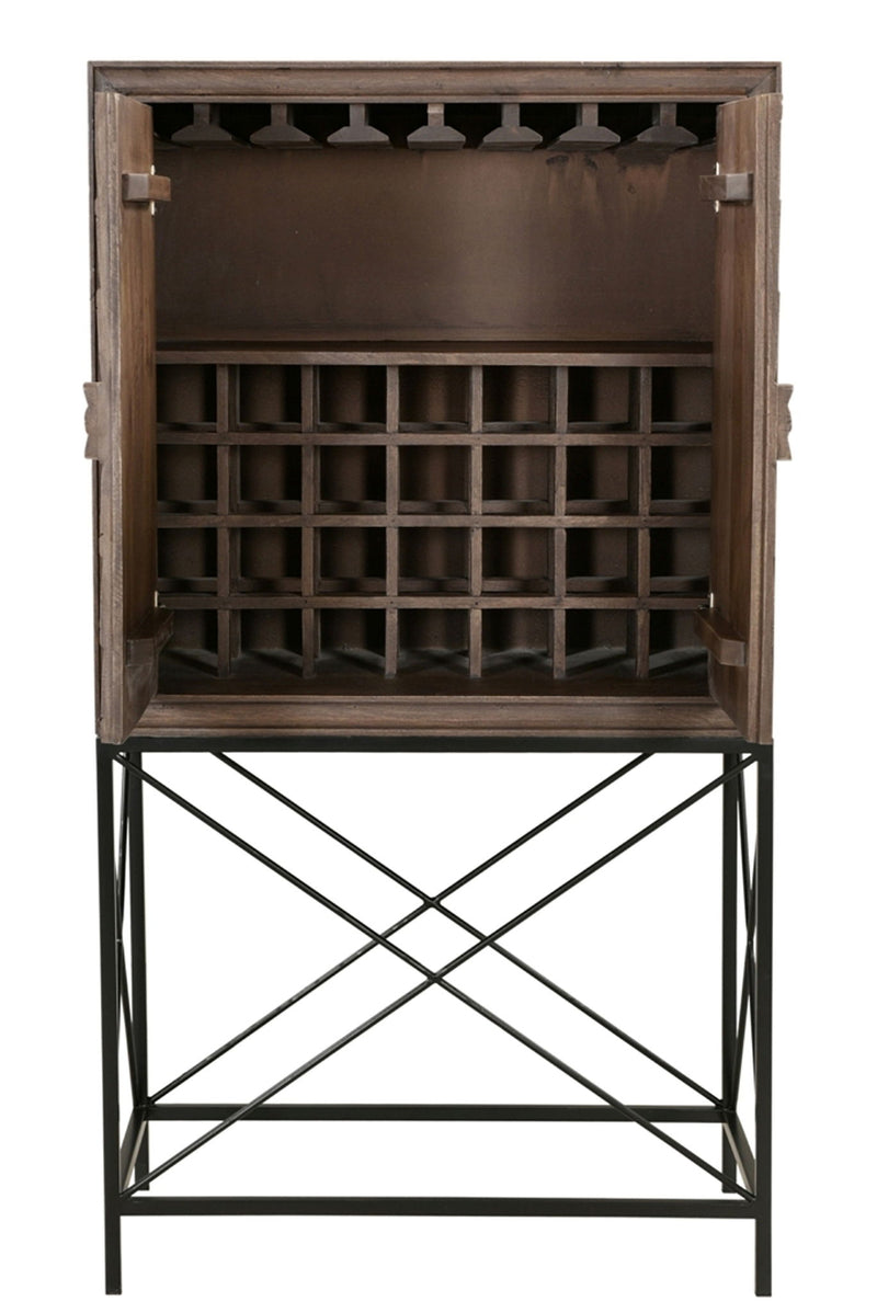 Solid Wood Two Door Carved Wine Cabinet - Brown