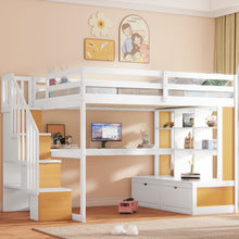 Load image into Gallery viewer, Full Size Loft Bed With Desk And Shelves, 2 Built In Drawers, Storage Staircase - Natural / White
