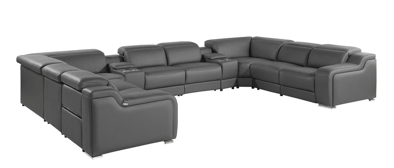 Italian Leather Power Reclining U-Shaped Ten Piece Corner Sectional With Console - Dark Gray