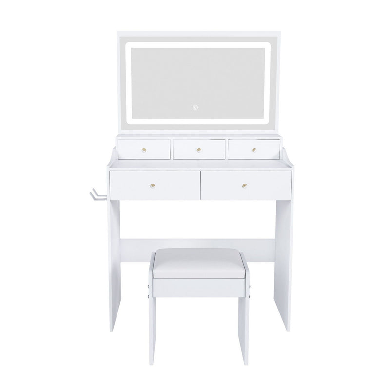 30" Wood Lighted Vanity Five Drawer Dresser - White