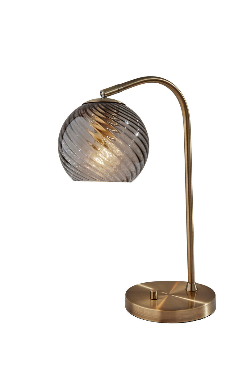 Metal Desk Lamp With Light Gray Swirl Globe Shade - Antiqued Brass