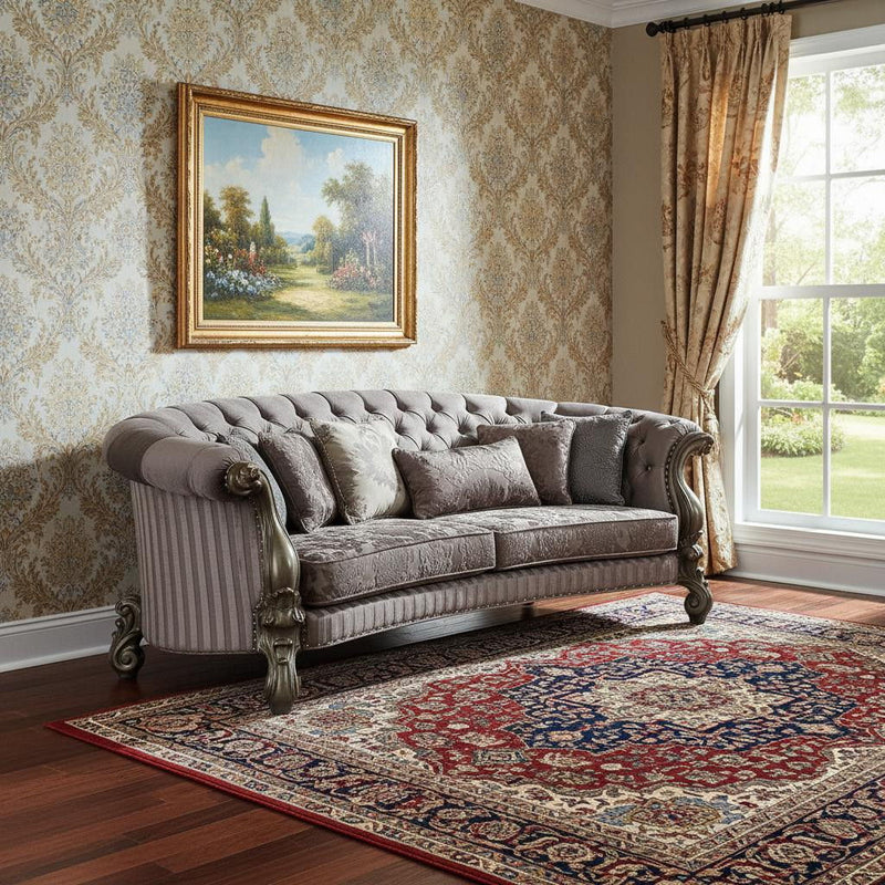 Velvet Curved Floral Sofa And Toss Pillows With Champagne Legs - Gray