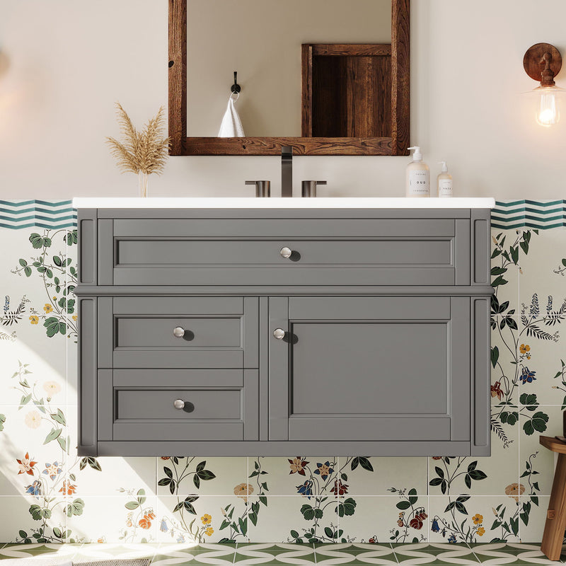 Modern Wall Mounted Floating Cabinet With Double Drawer And Sink