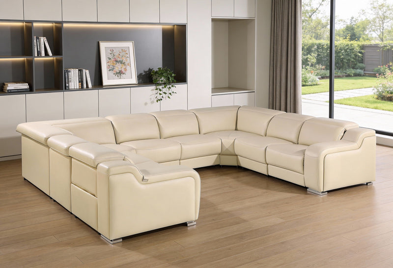 Leather Power Reclining Eight Piece Corner Sectional With Console - Beige