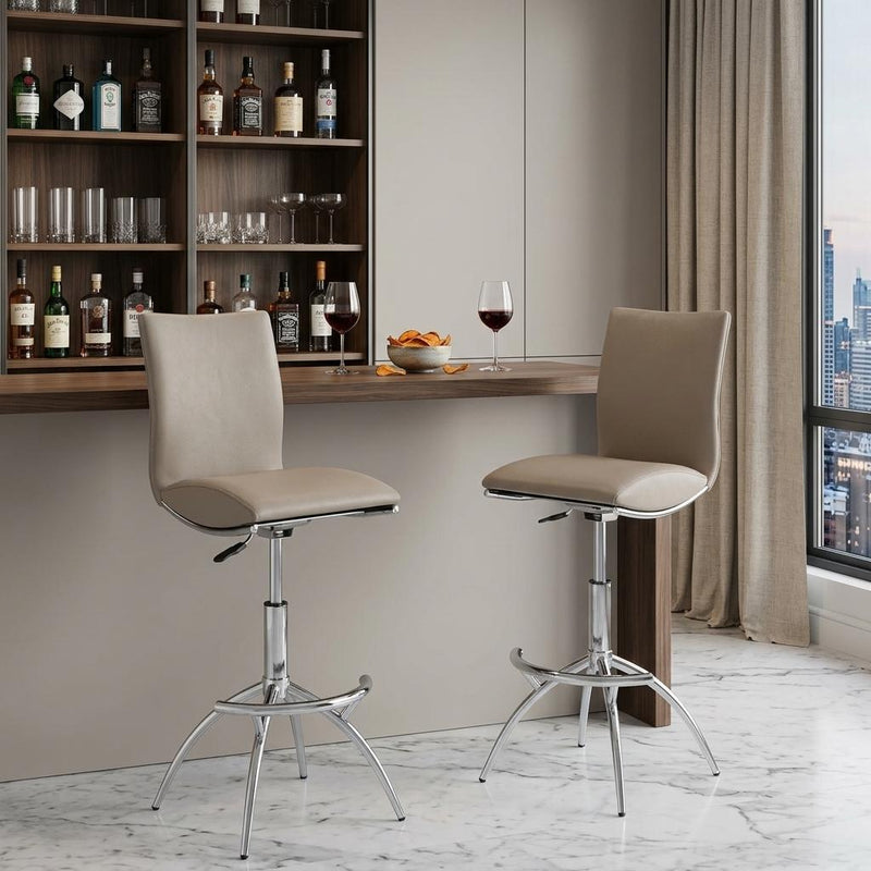 Faux Leather Chrome And Steel Adjustable Height Swivel Bar Chairs (Set of 2) - Taupe And Silver