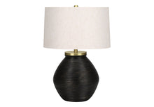 Load image into Gallery viewer, Concrete Round Table Lamp With Ivory Drum Shade - Black And Gold
