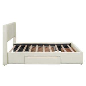 Full Size Upholstered Platform Bed with One Large Drawer in the Footboard and Drawer on Each Side,Beige