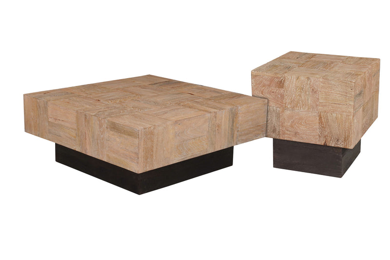 Solid Wood Square Block Coffee Table (Set of 2) - Natural / Dark Brown
