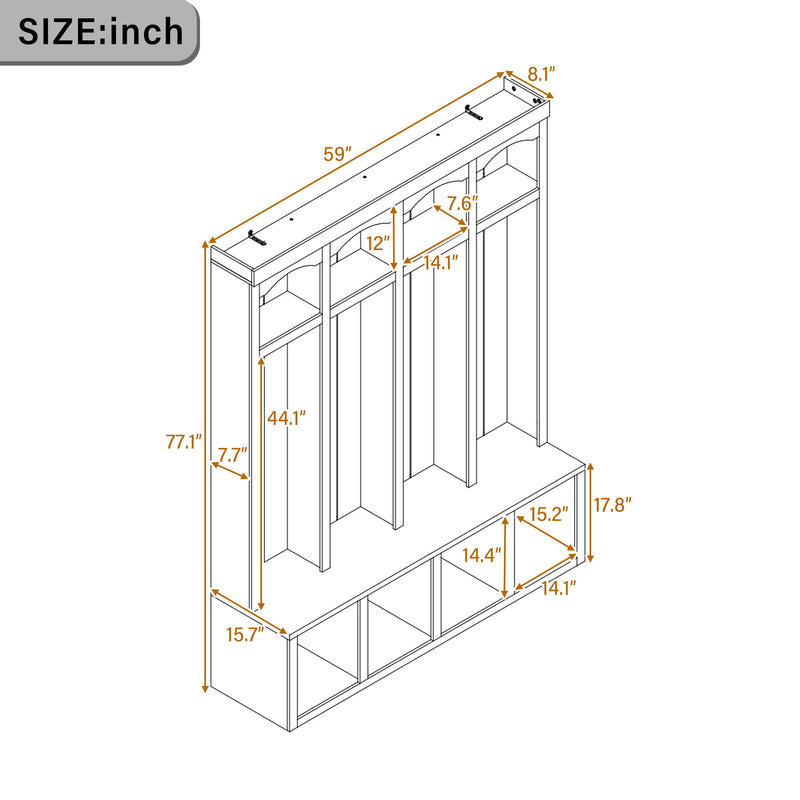 Entryway Hall Tree With Bench, 4 Hooks & Open Storage Space