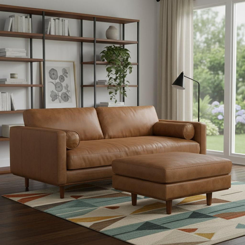 89" 2 Piece Living Room Set Leather Sofa With Ottoman - Brown