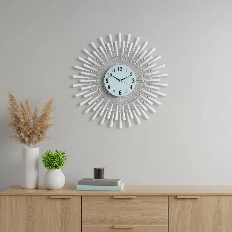 Silent Analog Sunburst Wall Clock - Silver / White