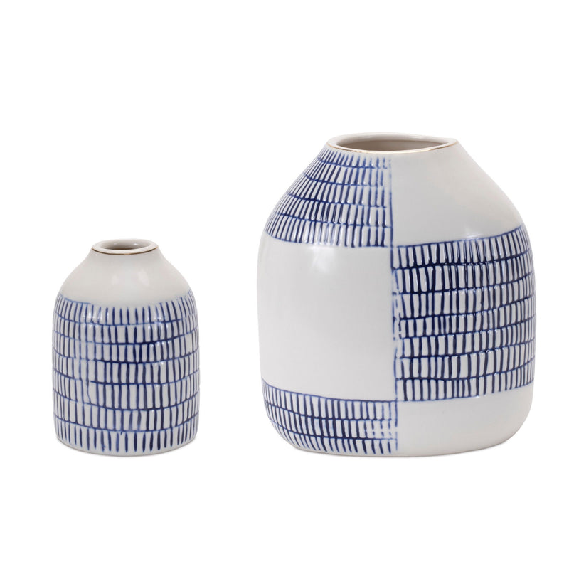 Checkered Round Table Vases (Set of 2) - Blue / White