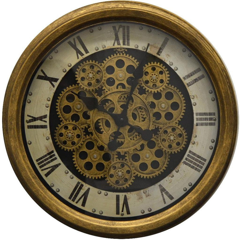 Silent Skeleton Exposed Gear Round Wall Clock (626342) - Antiqued Gold / White / Black