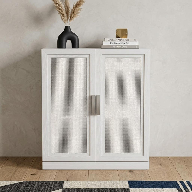Wood Inlaid Rattan Accent Cabinet With Two Doors - White