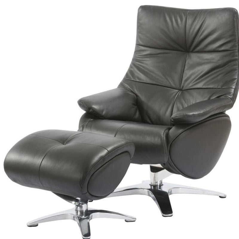 Tufted Genuine Leather Manual Swivel Recliner With Ottoman (730540) - Black